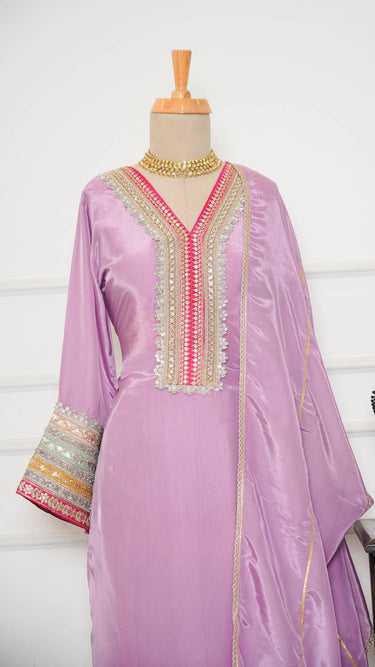 Kurti Suit with Hand Embroidered Neckline and Floral Shawl