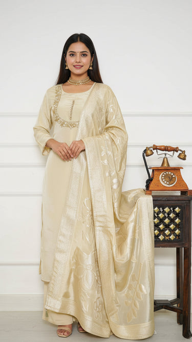 Embossed Buttons and Zardozi Neckline Kurti Suit