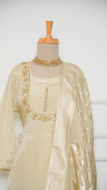 Embossed Buttons and Zardozi Neckline Kurti Suit