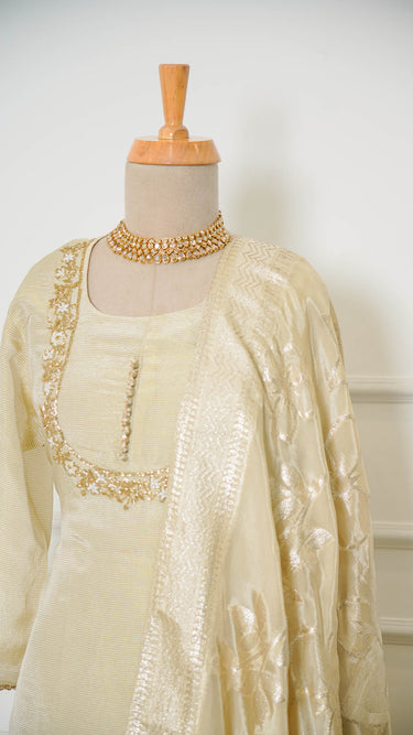 Embossed Buttons and Zardozi Neckline Kurti Suit