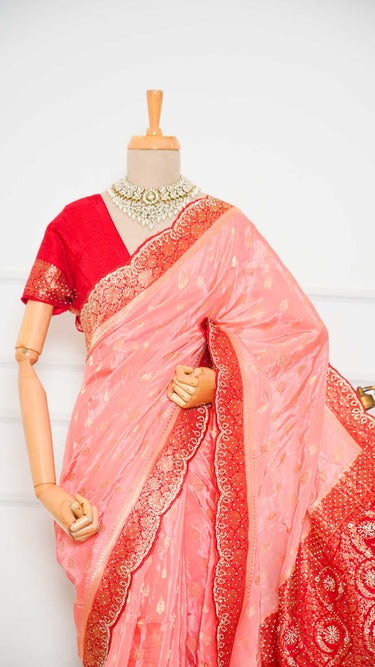 Dual Shade Floral Butti Saree with Borderwork and Stitched Blouse