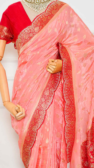 Dual Shade Floral Butti Saree with Borderwork and Stitched Blouse
