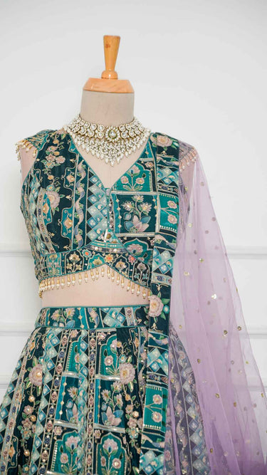 Bottle Green and Teal Multicolor Position Print Lehenga