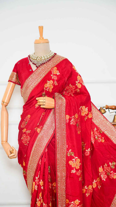 Red Dola Silk Saree with Multithread Floral Work