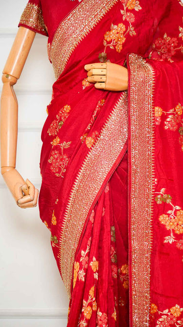 Red Dola Silk Saree with Multithread Floral Work