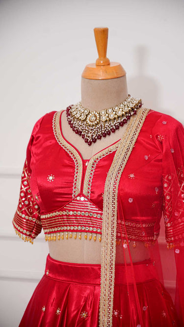 Red Silk Lehenga with Mirrorwork