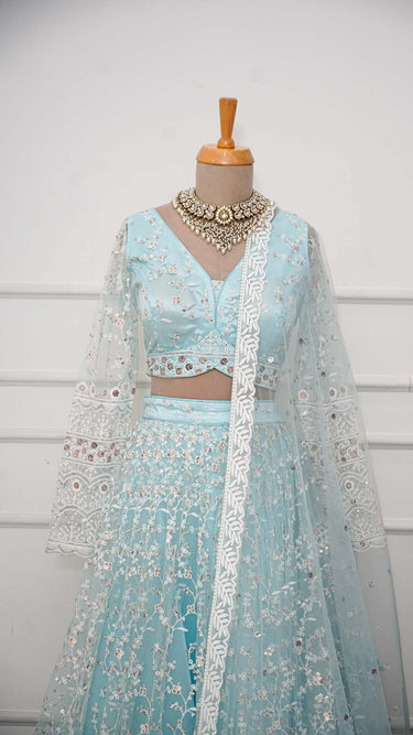 Sky Blue Lehenga with White Thread and Sequin Embroidery