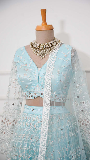Sky Blue Lehenga with White Thread and Sequin Embroidery