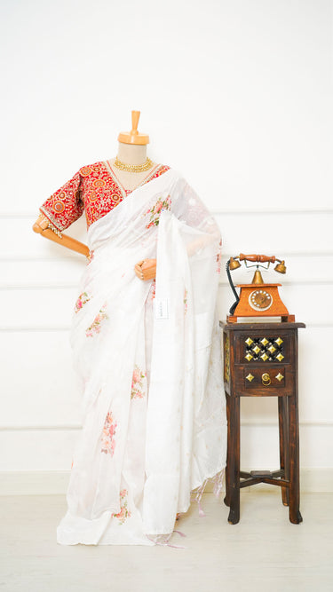 White Floral Cotton Saree with Zari Border