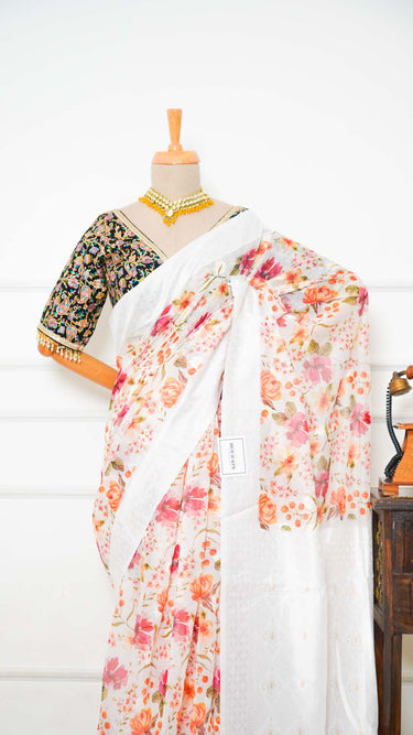 White Floral Cotton Saree with Zari Border