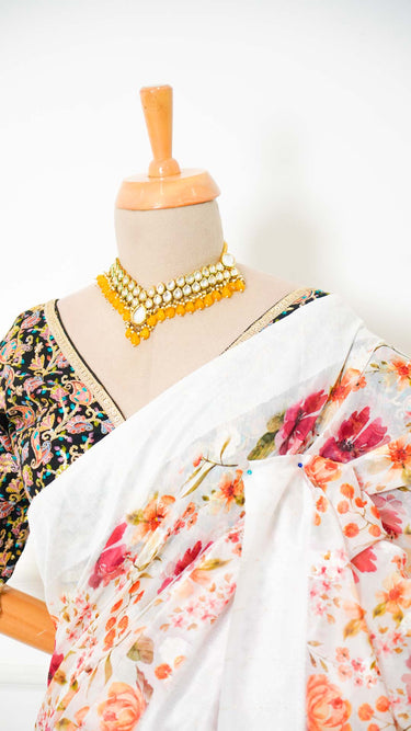 White Floral Cotton Saree with Zari Border