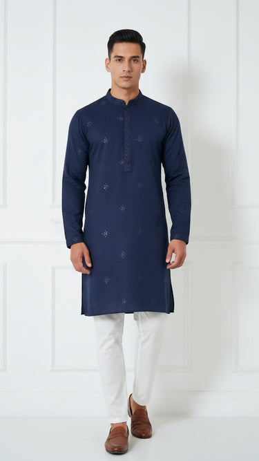 Mens Pastel Designer Kurti with Embroidered Neckline and Butti