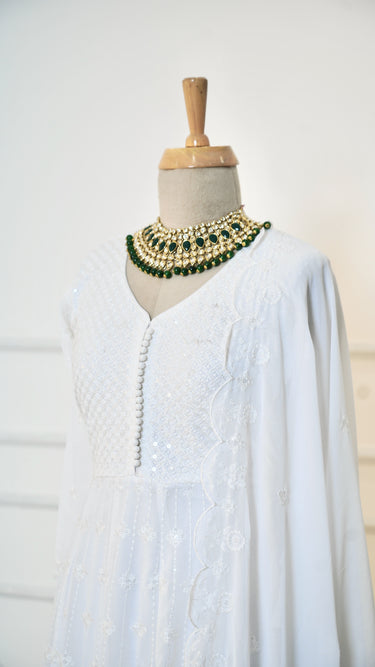 White Threadwork Sequined Anarkali with Palazzo Pant and Shawl