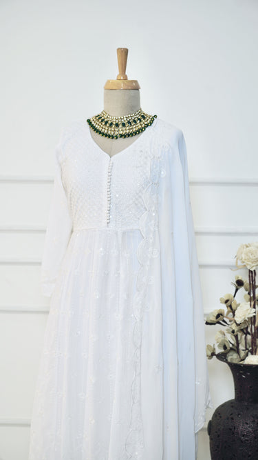 White Threadwork Sequined Anarkali with Palazzo Pant and Shawl