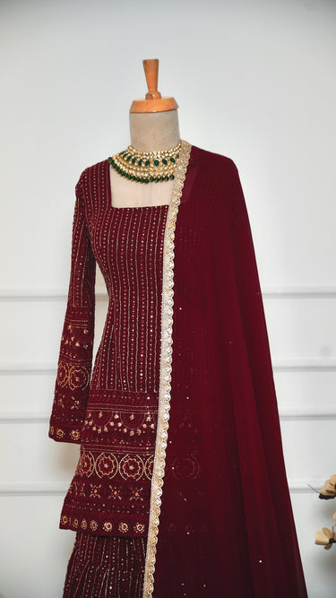 Maroon Sequin Garara Suit with Shawl