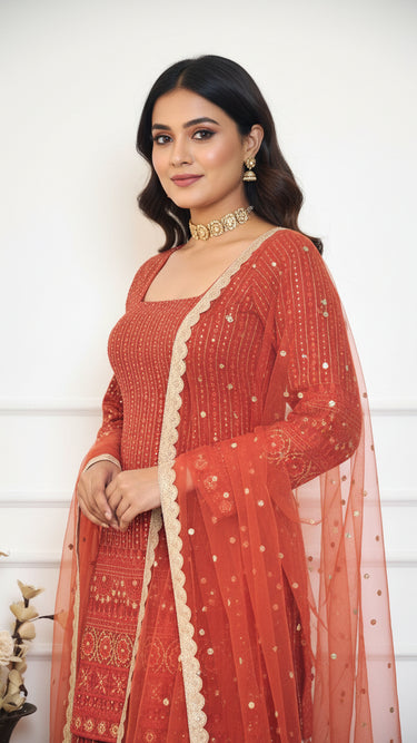 Rust Sequin Garara Suit with Shawl