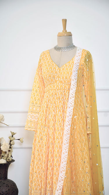 Mustard Motif Threadwork Anarkali with Chudidar and Shawl