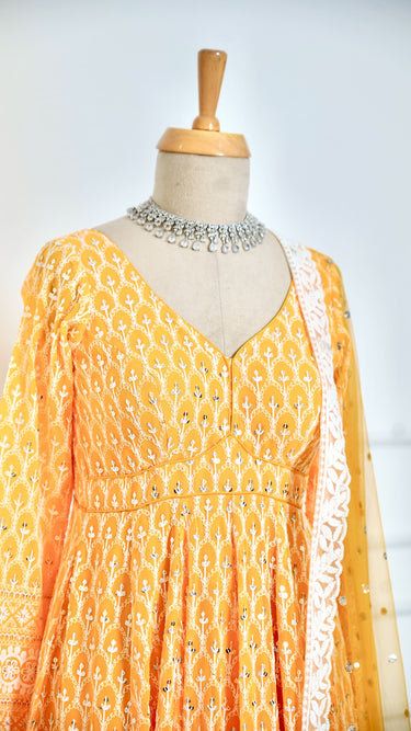 Mustard Motif Threadwork Anarkali with Chudidar and Shawl