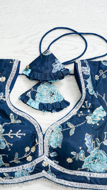 Floral Handwork Crepe Silk Blouse in Blue