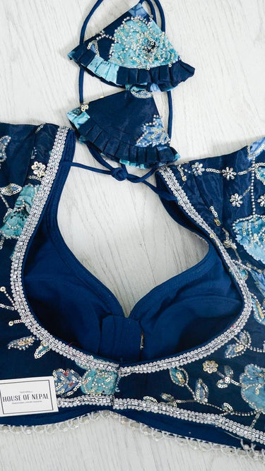 Floral Handwork Crepe Silk Blouse in Blue