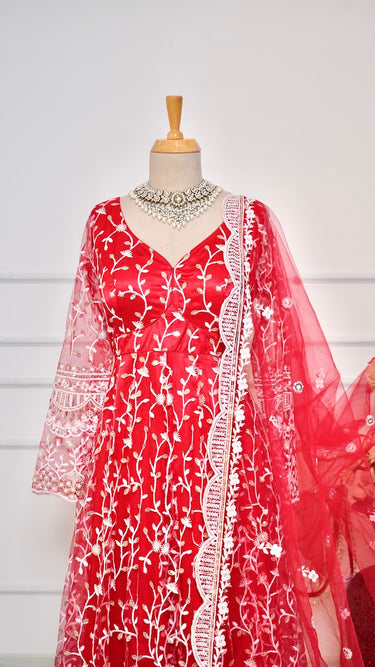 Anarkali Suit in Red with White Embroidery