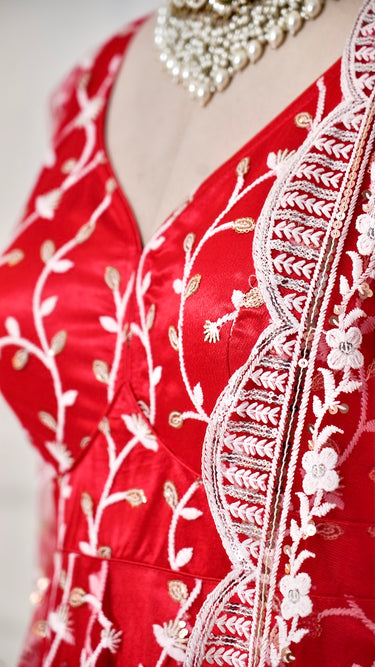 Anarkali Suit in Red with White Embroidery