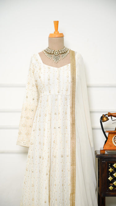 White Chikankari & Mirrorwork Anarkali Suit