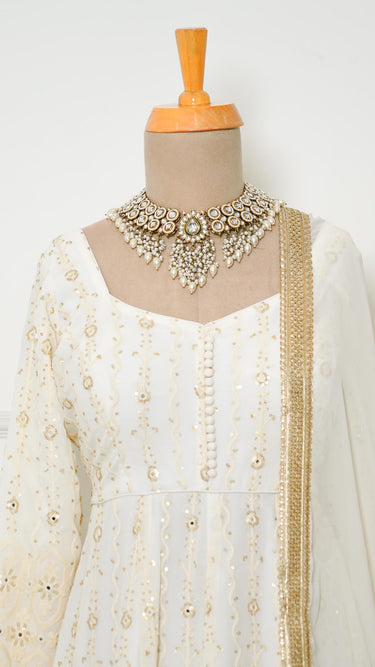 White Chikankari & Mirrorwork Anarkali Suit