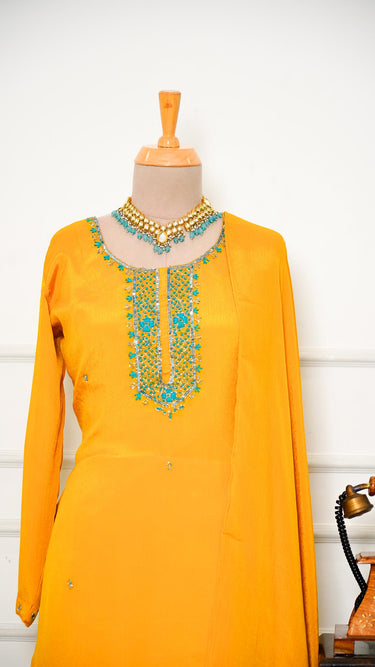 Blue Stone Handembroidered Kurti Suit in Yellow