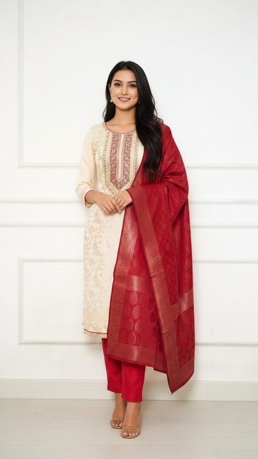White Petite Size Kurti Suit with Contrast Shawl