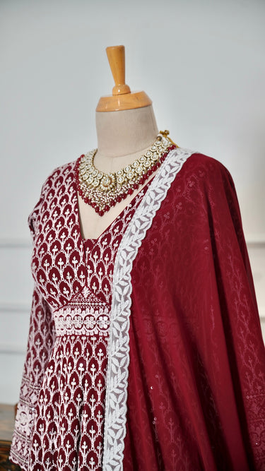 Maroon Motif Threadwork Anarkali with Chudidar and Shawl