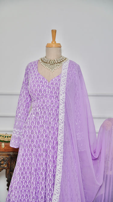 Lavender Motif Anarkali with Chudidar and Shawl