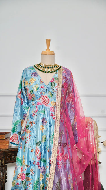 Sky Blue Multicolor Floral Anarkali Suit