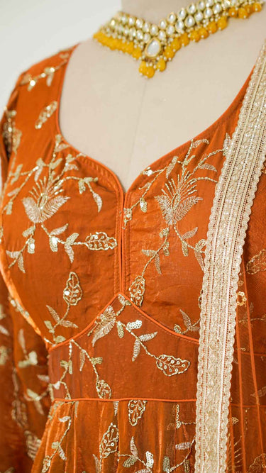 Rust Fendi Handwork Anarkali with Chudidar and Shawl
