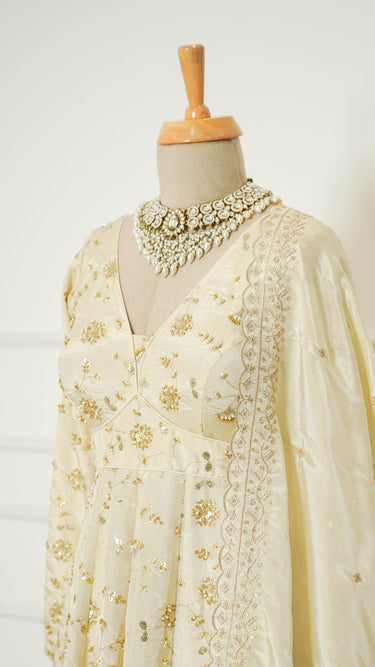 Gold Cosmos Handwork Anarkali with Chudidar and Shawl