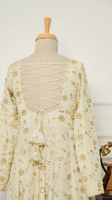Gold Cosmos Handwork Anarkali with Chudidar and Shawl