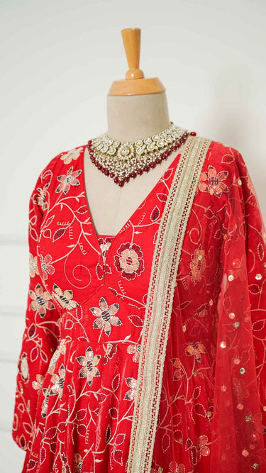 Red Floral Sequinwork Anarkali with Chudidar and Shawl