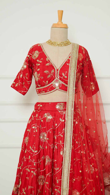 Red Lehenga with Floral Handwork Embroidery