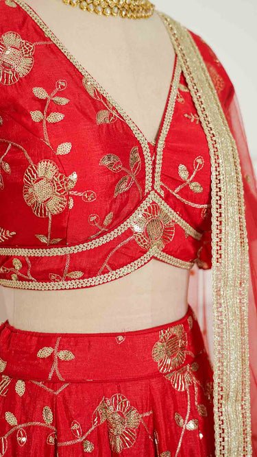 Red Lehenga with Floral Handwork Embroidery