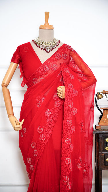 Chiffon Red Saree with Stone