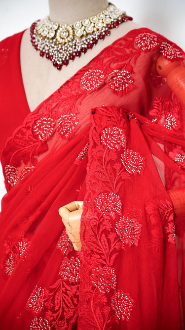 Chiffon Red Saree with Stone