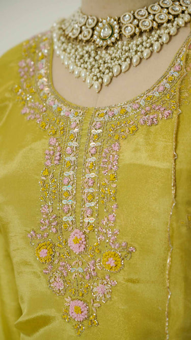 Mustard Green Kurti Suit with Hand Embroidered Neckline