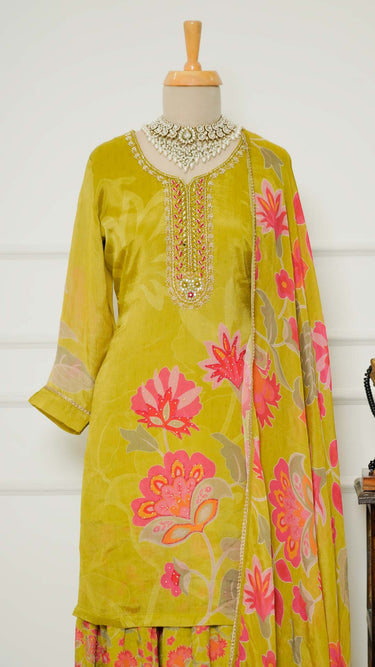 Silk Kurta with Pastel Embroidery in Lemon