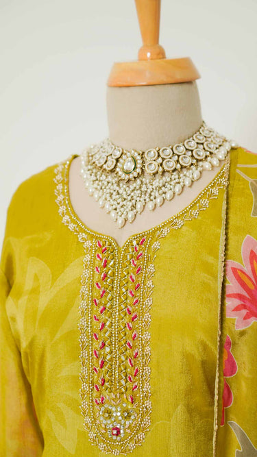 Silk Kurta with Pastel Embroidery in Lemon