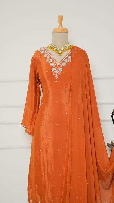Orange V Neck Handwork Kurti Suit