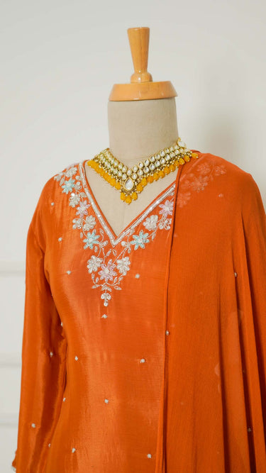 Orange V Neck Handwork Kurti Suit