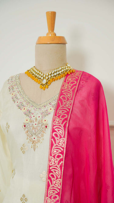 White Silk Kurti Suit with Embroidered Neckline