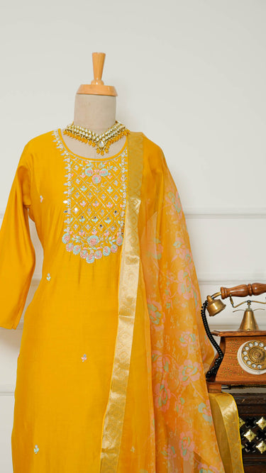 Mustard Kurti Suit with Pastel Embroidery