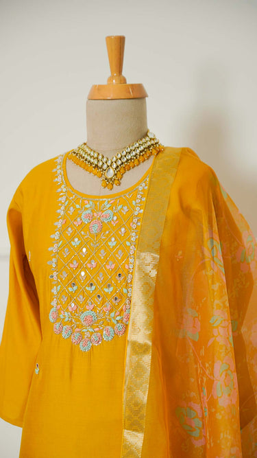 Mustard Kurti Suit with Pastel Embroidery