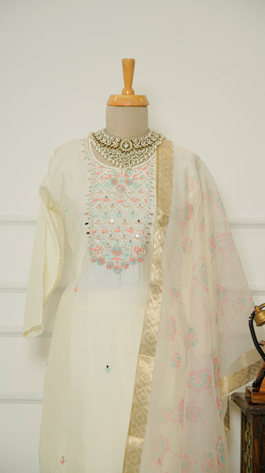 White Kurti Suit with Pastel Embroidery